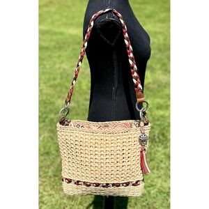 Brighton Woven Straw Shoulder Bag with Red, Brown & Cream Accents